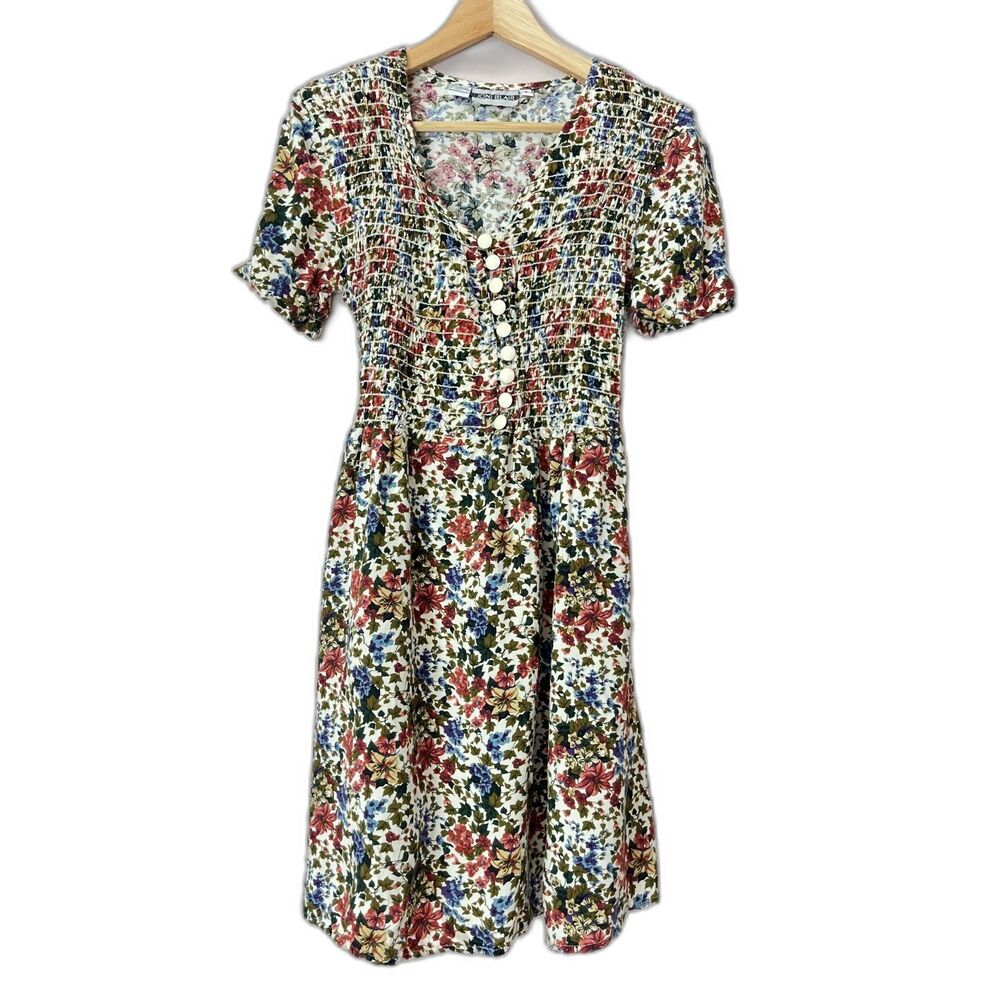 Vtg Joni Blair 90s Floral Smocked Tie Back Dress Sz 9 Medium Rayon Cottagecore